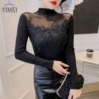 YIMEI เสื้อถักแบบสวมหัวครึ่งคอสูงใส่ฤดูใบไม้ร่วงและฤดูหนาวเข้ารูปปักลูกไม้แฟชั่นเสื้อตาข่ายลูกปัดสีดำ