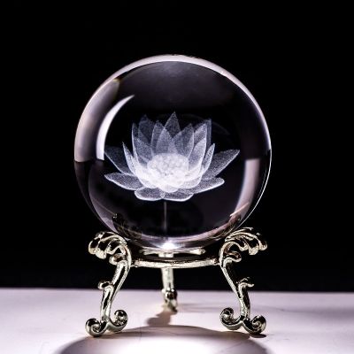 60mm 3d Carving Crystal Ball Paperweight with Stand Healing Meditation Glass Sphere Fengshui Home Decor Ornaments Lotus Flower