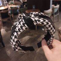 Koreas New R Houndstooth Imitation Leather PU Stitching Middle Knotted Headband Female