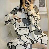 Cow Print Pajamas Two Piece Set Autumn Pijamas Women Cotton Cute Home Clothes Pyjamas Sleepwear Japanese Style Kawaii