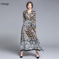 Women Vintage V-neck Floral Print Puff Sleeve Dresses Elegant High Waist Bandage A-line Lady Midi Dresses