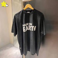 โฟม Fuzzy พิมพ์ MADE ON EARTH VETEMENTS เสื้อยืดผู้ชายผู้หญิงขนาดใหญ่ Streetwear Vintage ล้าง Ripped VTM แขนสั้น Tee