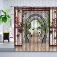 Chinese Style Shower Curtain Green Bamboo Plants Crane Wood Bridge Landscape Screen Partition Decoration Bathroom Curtains Sets
