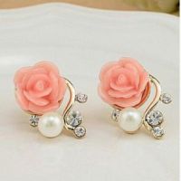 Korean Fashion Jewelry Exaggerated Earrings New Style Korean Women Ol Pink Rose Imitation Pearl Crystal Earrings Wholesale