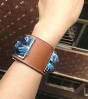 Classic wide leather bracelet famous brand embossed logo real leather bracelet for girls punk style cuff mental jewelry