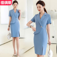 2023 Summer New Temperament Beauty Salon Jewelry Shop Tooling Purple Fake Two-Piece Short-Sleeved Business Dress Womens Dress