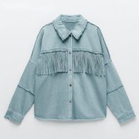 ZZOOI Women Autunm Frayed With Fringe Denim Jacket Coat Vintage Long Sleeve Jeans Jacket Tassel Female Outerwear Chic Tops