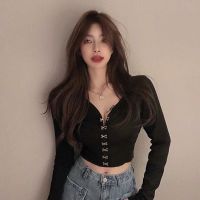 COD DSFERTRETRE Fashion Crop Top Sexy V-neck Knit Bottomed Shirt with Exposed Navel Short Top in Autumn and Winter New Long Sleeve T-shirt for Women