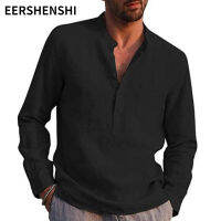 EERSHENSHI เสื้อผ้าลินินสไตล์ย้อนยุคสำหรับผู้ชาย,เสื้อเชิ้ตมีกระดุมสีพื้นสำหรับผู้ชาย