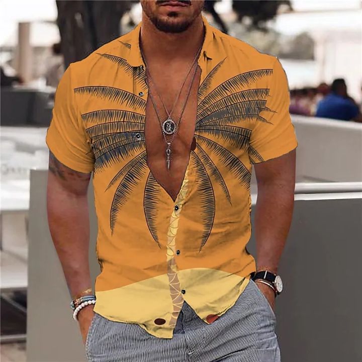 เสื้อฮาวายผ้าฝ้ายคอปกสไตล์คิวบาสำหรับผู้ชาย-เสื้อฮาวายทรงหลวมพิมพ์ลายต้นมะพร้าว3d-สำหรับเสื้อเชิ้ตผู้ชายปาร์ตี้