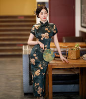 ฤดูร้อนลูกไม้ตัดคอจีนแขนสั้นซาติน Cheongsam ที่สง่างามแบบดั้งเดิมจีนปุ่มที่ทำด้วยมือ Qipao ขนาด4XL