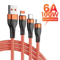 3 In 1 6A 100W USB Type-C สายชาร์จเร็ว3in 1ไมโคร USB USB ข้อมูลที่ชาร์จ Type-C สายสำหรับ iPhone 14 Samsung 13 Xiaomi ตัวแปลงสาย Huawei