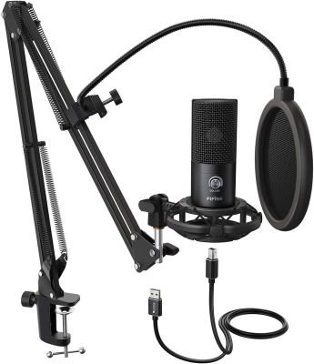 FIFINE Studio Condenser USB Microphone Computer PC Microphone Kit with Adjustable Scissor Arm Stand Shock Mount for Instruments Voice Overs Recording Podcasting YouTube Karaoke Gaming Streaming-T669 Black