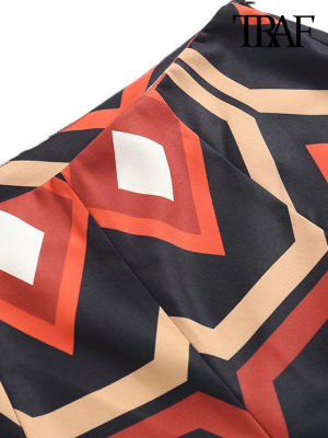 TRAF Women Fashion Geometric Print Shorts Vintage High Waist Side Zipper Female Short Pants Mujer