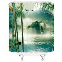 Chinese Style Shower Curtains Mountain Water Bamboo Forest Swans Nature Scenic Bathroom Decor Waterproof Cloth Curta