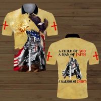 A Child Of God A Man Of Faith A Warrior Of Christ Jesus Cross Us Flag Both Sides 3 Button Fabric Polo Shirt XS-4XL