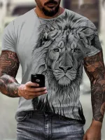 NianMiao Lion Pattern Print Mens Comfy T-shirt, Graphic Tee Mens Summer Clothes, Mens Clothing