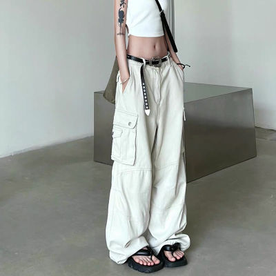 กางเกงผู้หญิงคาร์โก้เอวต่ำย้อนยุคกระเป๋าหลากหลายใหม่ธรรมดาขากว้างประกบเรียบง่ายลำลอง