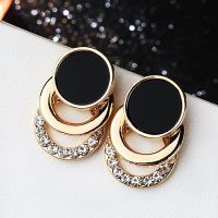 【YF】 Personality Black Geometric Compact And Simple Temperament Clip on Earrings Rhinestones All-match Womens Gift Jewelry