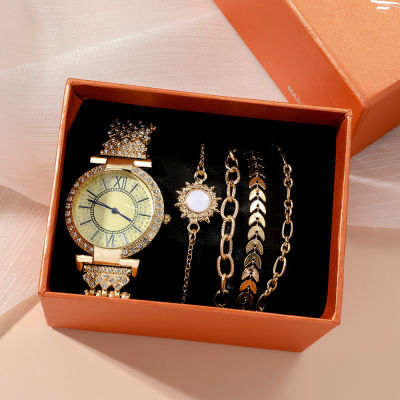 นาฬิกาข้อมือควอตซ์สุดหรูลายดวงดาวเต็มท้องฟ้าประดับเพชร2023ขายดีนาฬิกาผู้หญิงของขวัญ5ชิ้น/เซ็ตสำหรับสุภาพสตรี