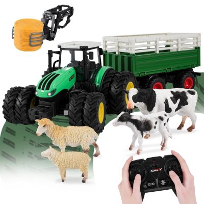 1/24 RC Tractor Trailer with LED Light,8In1 Farm Toys Set 2.4GHZ Remote Control Car Truck Farming Simulator for Children Gift