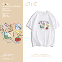 CHIC ผ้าฝ้ายแท้ เสื้อยืดแขนสั้นพิมพ์ลายการ์ตูนอะนิเมะ สไตล์สบาย ๆ T0544