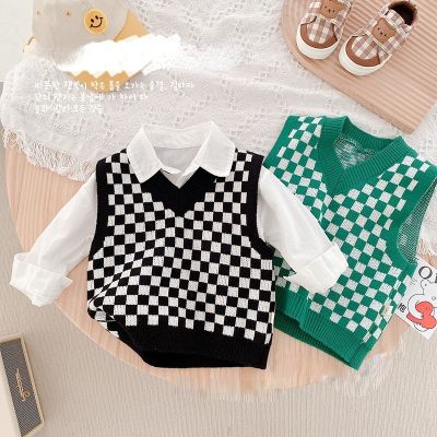 （Good baby store） Plaid Knitted Vest Children Clothes V neck Toddler Autumn Boys Cute Casual Pullover Vest Plaid Girls Waistcoat Tops Chalecos