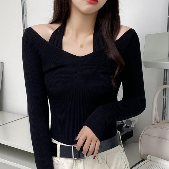 สไตล์เกาหลีปลอมสองชิ้น-h-alter-เสื้อกันหนาวสีขาวเสื้อยืดฤดูใบไม้ร่วงของผู้หญิง2022ใหม่แขนยาวบางแน่น-bottoming-เสื้อกันหนาวท็อปส์