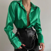 Satin Womens Shirt Polo Collar Office Lady blouse Vintage Blue Green Silk Shirt Loose Button Up Down Shirts Black Fashion Tops