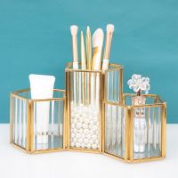 Clear Glass Brass Makeup Brush Holder Vintage Jewelry Organizer Metal Handmade Art Crafts Makeup Organizer