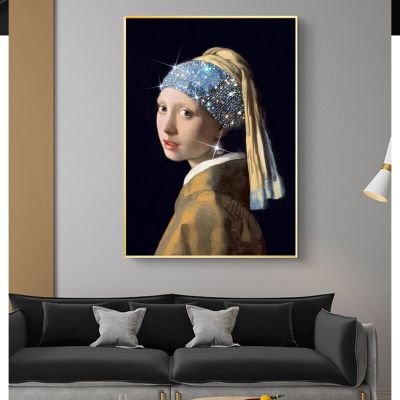 Girl With Pearl ต่างหูที่มีชื่อเสียง Art ภาพวาดสีน้ำมันบนผ้าใบทำสำเนา Wall Art โปสเตอร์ Bling Headband ภาพตกแต่งบ้าน