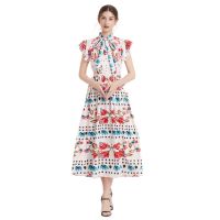 Women Dress Spot Real  Elegant Short Sleeve  Vintage Printed Maxi Dress