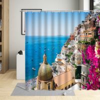 Greek Town Shower Curtain Set Plant Flowers Sea Landscape Pattern Bathroom Decoration Hanging Curtain  Bathtub Screen Wall Cloth