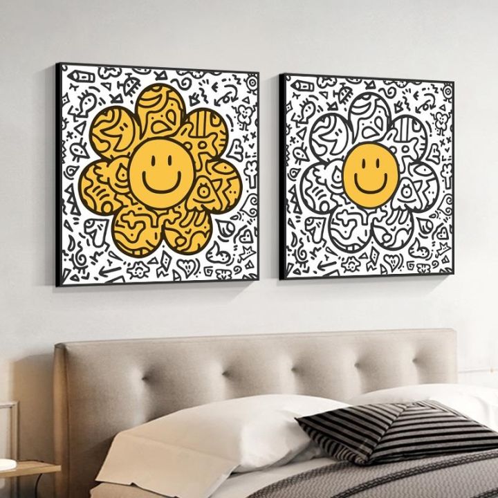 nordic-sunflower-graffiti-บทคัดย่อ-sun-ดอกไม้หน้ายิ้ม-smile-wall-art-ภาพวาดผ้าใบโปสเตอร์โปสเตอร์ภาพห้องนั่งเล่นตกแต่งบ้าน