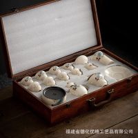 [COD] Chinese style grass and gray ceramic kung fu tea set home office bowl teacup gift box high-end