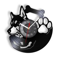 Hot sell Siberian Husky Vinyl Record Wall Clock Silent Non Ticking Dog Paw Pet Shop Vintage Art Decor Dog Breed Husky Dog Owner Gift Idea