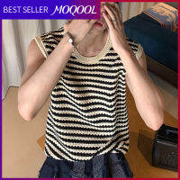 MOQOOL เสื้อสเวตเตอร์เสื้อกล้ามผู้ชาย,เสื้อแขนกุดเปิดไหล่กว้างถักแนวคลาสสิคสีดำและสีขาวสำหรับฤดูร้อน