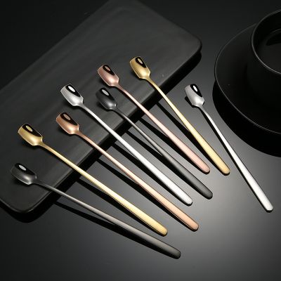 Creative Stainless Steel Coffee Stirring Spoon Long Handle Black Gold Color Square Head Dessert Salad Ice Cream Spoon Accessory