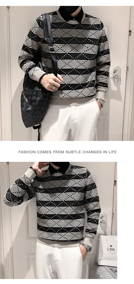 Fake 2 pieces Fashion stripe Jacquard Shirt Collar Knit Sweater