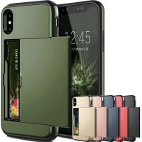 Armor Slide Card Case For iPhone 14 13 12 Pro 11 11Pro Max Card Slot Holder Cover 5 5s 6 6S 7 8 Plus X XS Max XR Fundas Capa