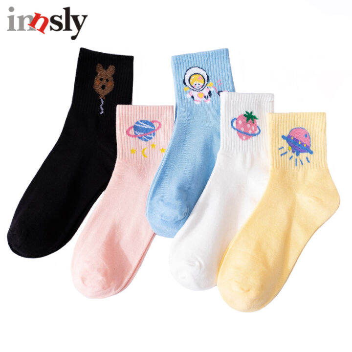 college-style-women-cotton-socks-fashion-cartoon-planet-fruit-middle-tube-girl-socks