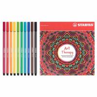 STABILO Pen68 ปากกาสีหมึกน้ำ Fibre-Tip Pen ชุด 10 สี + STABILO Art Therapy สมุดระบายสี 1 เล่ม