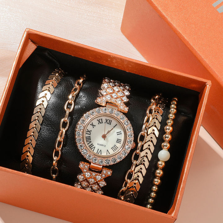 นาฬิกาผู้หญิงใหม่ขายดีแฟชั่นลำลองฝังเพชรชุดเครื่องประดับ6ชิ้น-เซ็ตของขวัญสำหรับสุภาพสตรี