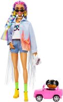Barbie Extra Doll #5 in Long-Fringe Denim Jacket with Pet Puppy, Rainbow Braids, Layered Outfit &amp; Accessories Including Car for Pet