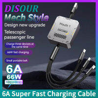 DISOUR 6A 3IN1สายที่ชาร์จแบบยืดหดได้สไตล์ไมโคร USB ไลท์นิ่งสายชาร์จเร็ว66W สายสำหรับ Xiaomi Redmi Huawei Infinix Oppo Vivo แอนดรอยด์สายชาร์จสามารถใส่ได้กับ iPhone