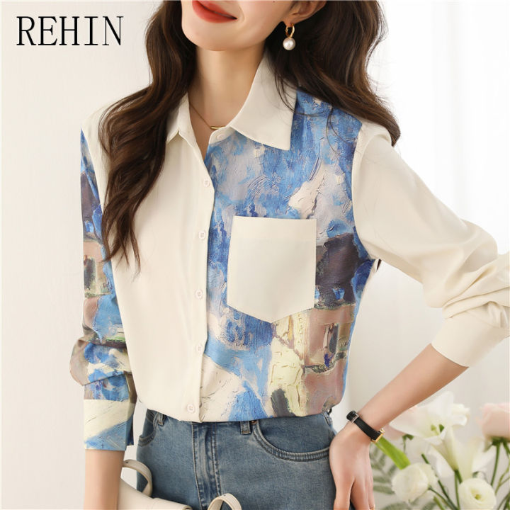 rehin-เสื้อแขนยาวผู้หญิง-เสื้อสไตล์เกาหลีแบบใหม่คอปกทรงหลวมเสื้อหรูหราพิมพ์ลายชิค