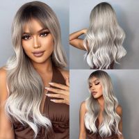 Long Wavy Brown Grey Ombre Synthetic Wigs with Bangs Womens Wigs Platinum Heat Resistant Cosplay Wig