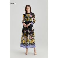 Spring and Summer Light Silk Chiffon Printed Dress round Neck Large Swing Big Hem A- line Skirt