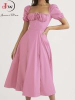 【HOT】❇✕♗ off shoulder pink women summer long dress Puff short sleeve slash neck solid a-line split beach party sundress S 3XL