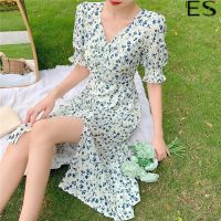 ◇ ES Floral dress summer new style short waist show thin French Retro Super Fairy Princess Style Long Skirt